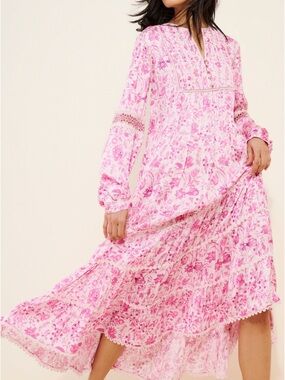 PAYAL‎ JAIN Floral Cotton Blend Long Sleeve Midi Dress in Pink Boho size Medium